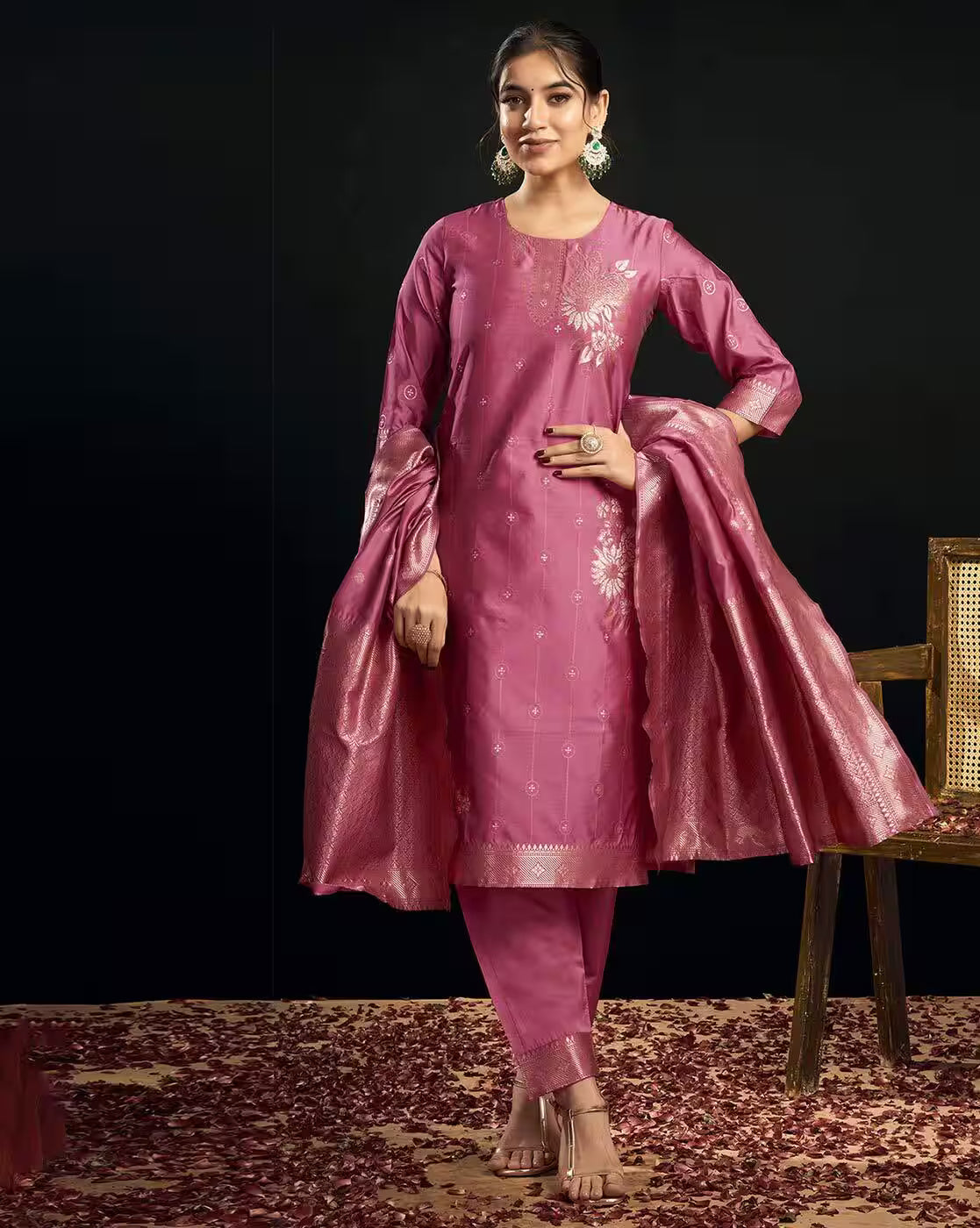 SKYLEE Women’s Floral Woven Silk Blend Straight Kurta Suit Set with Dupatta & Pants | Stylish Ethnic Wear for Women Malaysia | Party & Festive Kurti Set