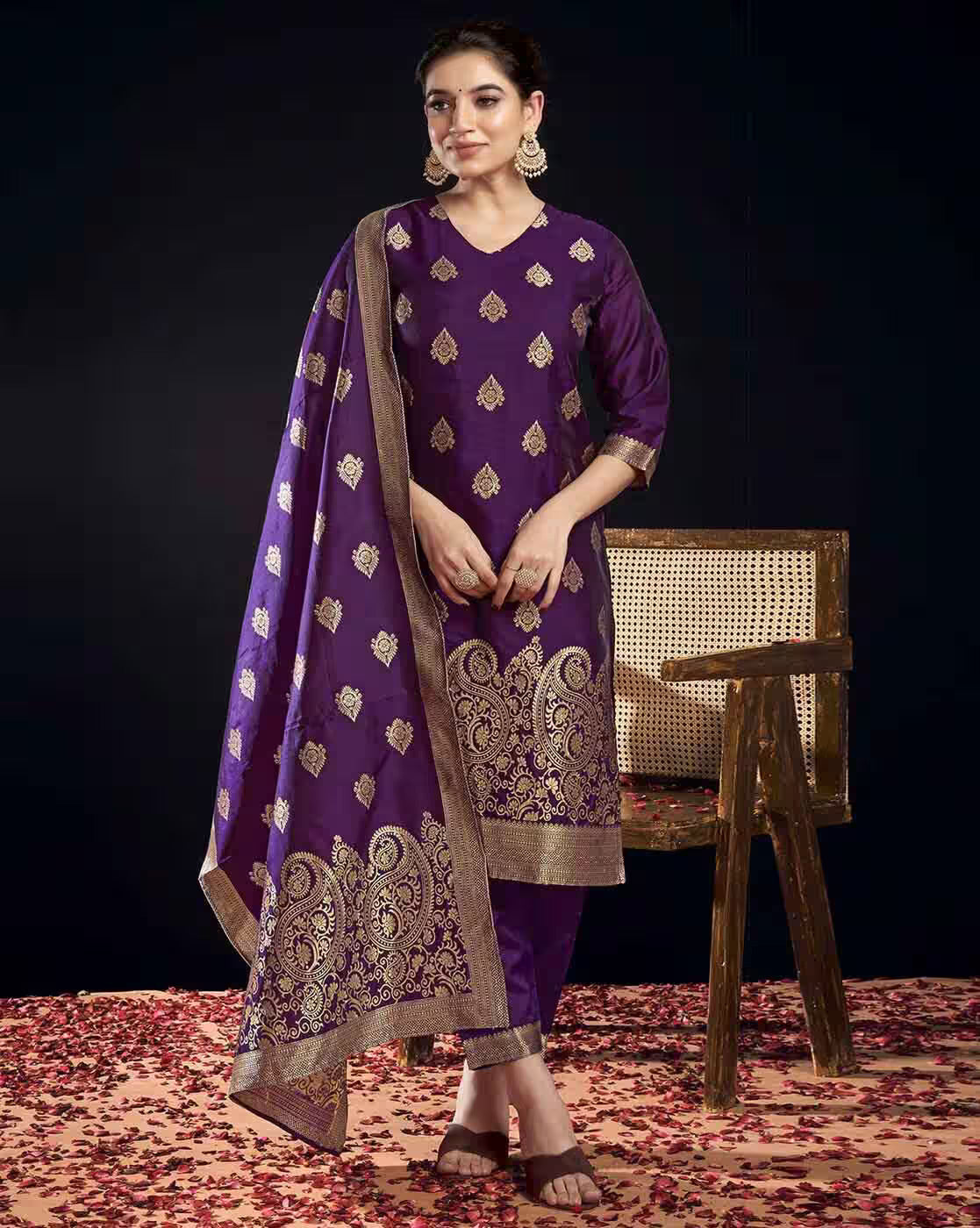 SKYLEE Women’s Silk Blend Woven Straight Kurta Suit Set with Dupatta | Indian Ethnic Wear Kurti Pant Set | Party Wear Kurta Set for Women Malaysia
