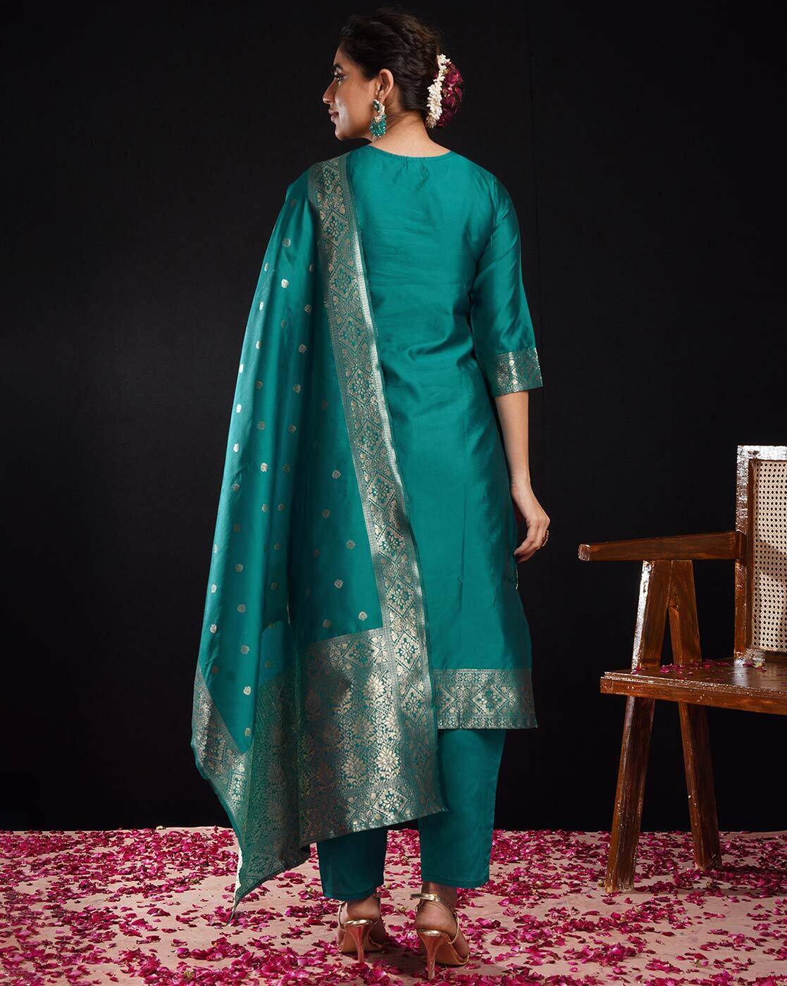 Violet & Gold Silk Blend Jacquard Woven Kurta Set with Trousers & Dupatta | Elegant Indian Ethnic Wear for Women Malaysia