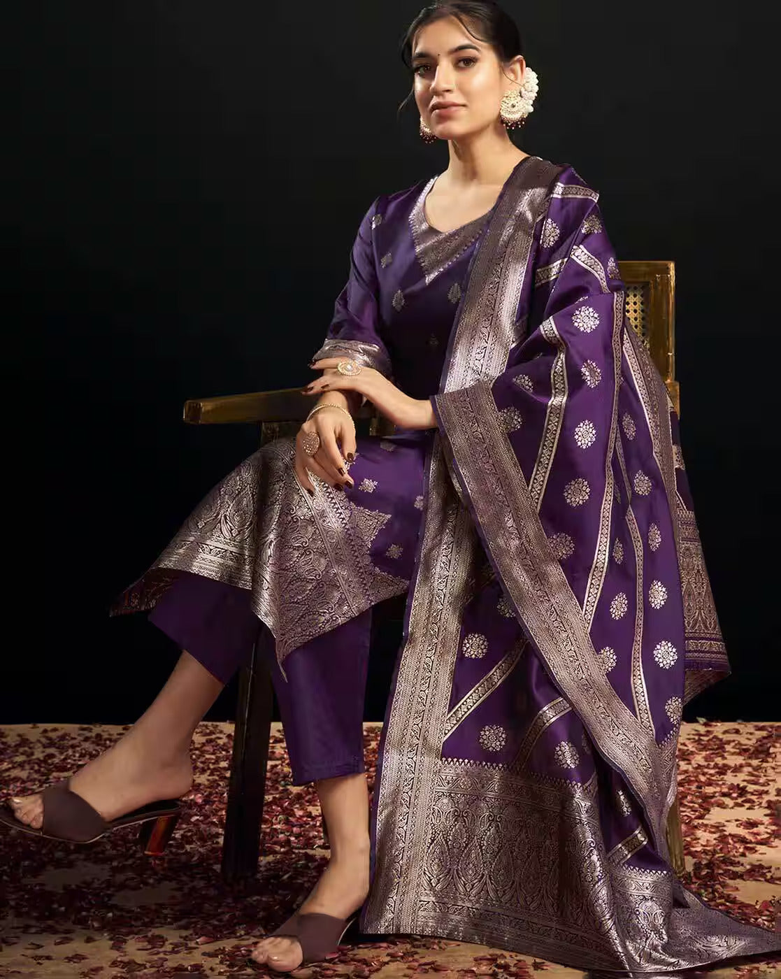 SKYLEE Women Printed Silk Blend Straight Kurta Suit Set with Dupatta & Pants | Stylish Indian Ethnic Wear for Women Malaysia