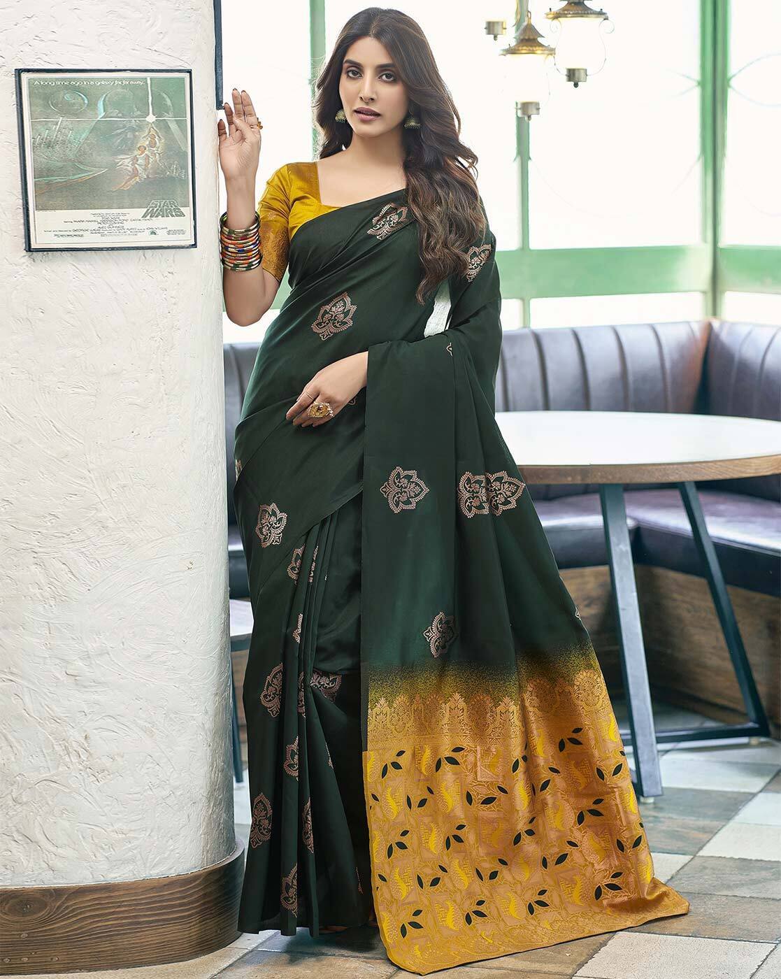 Trendy Banarasi Litchi Silk Saree for Women | Jacquard Gold Zari Woven Traditional Indian Saree with Running Blouse | Wedding, Party & Festive Wear