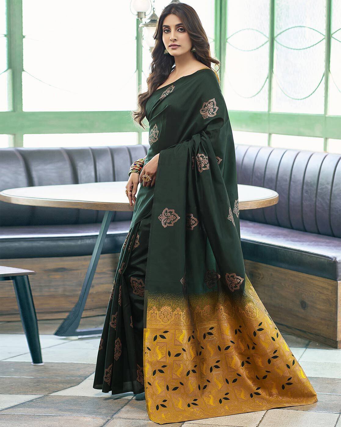 Trendy Banarasi Litchi Silk Saree for Women | Jacquard Gold Zari Woven Traditional Indian Saree with Running Blouse | Wedding, Party & Festive Wear