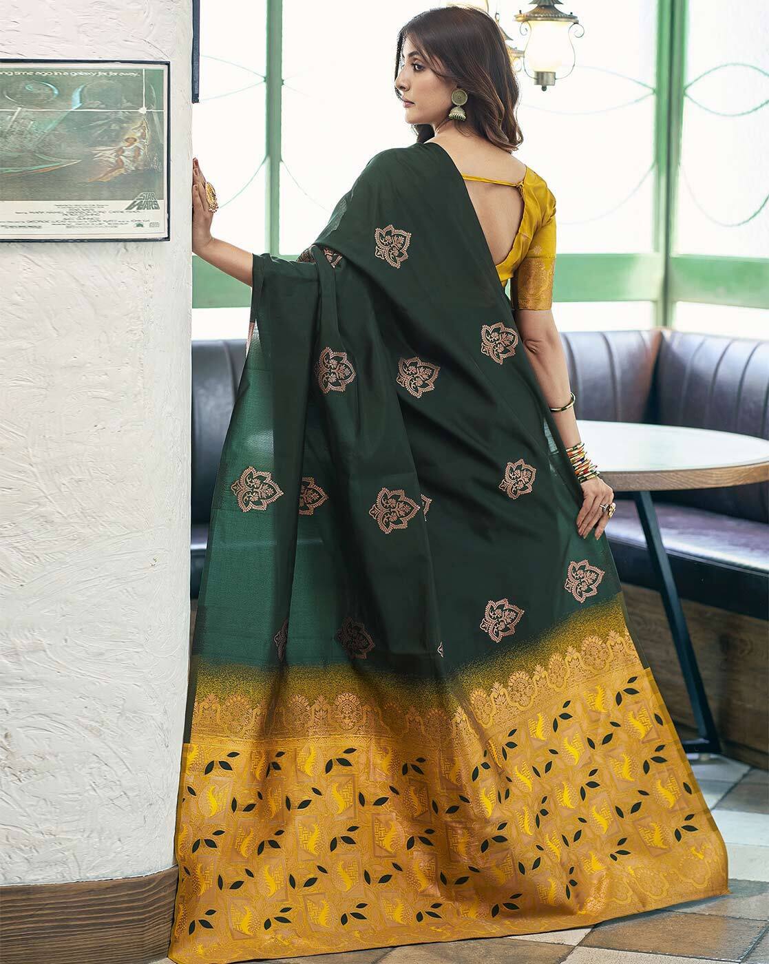 Trendy Banarasi Litchi Silk Saree for Women | Jacquard Gold Zari Woven Traditional Indian Saree with Running Blouse | Wedding, Party & Festive Wear