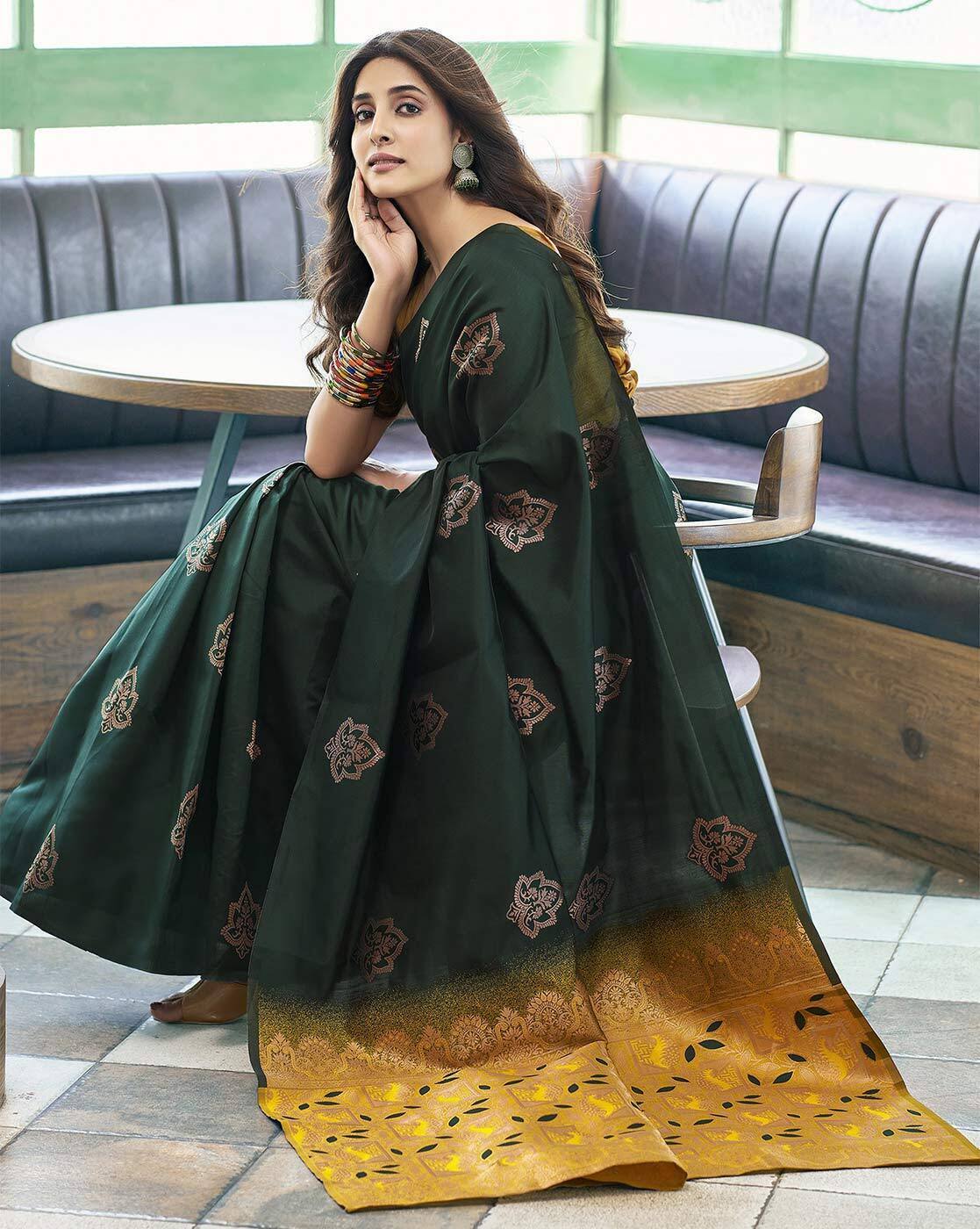 Trendy Banarasi Litchi Silk Saree for Women | Jacquard Gold Zari Woven Traditional Indian Saree with Running Blouse | Wedding, Party & Festive Wear