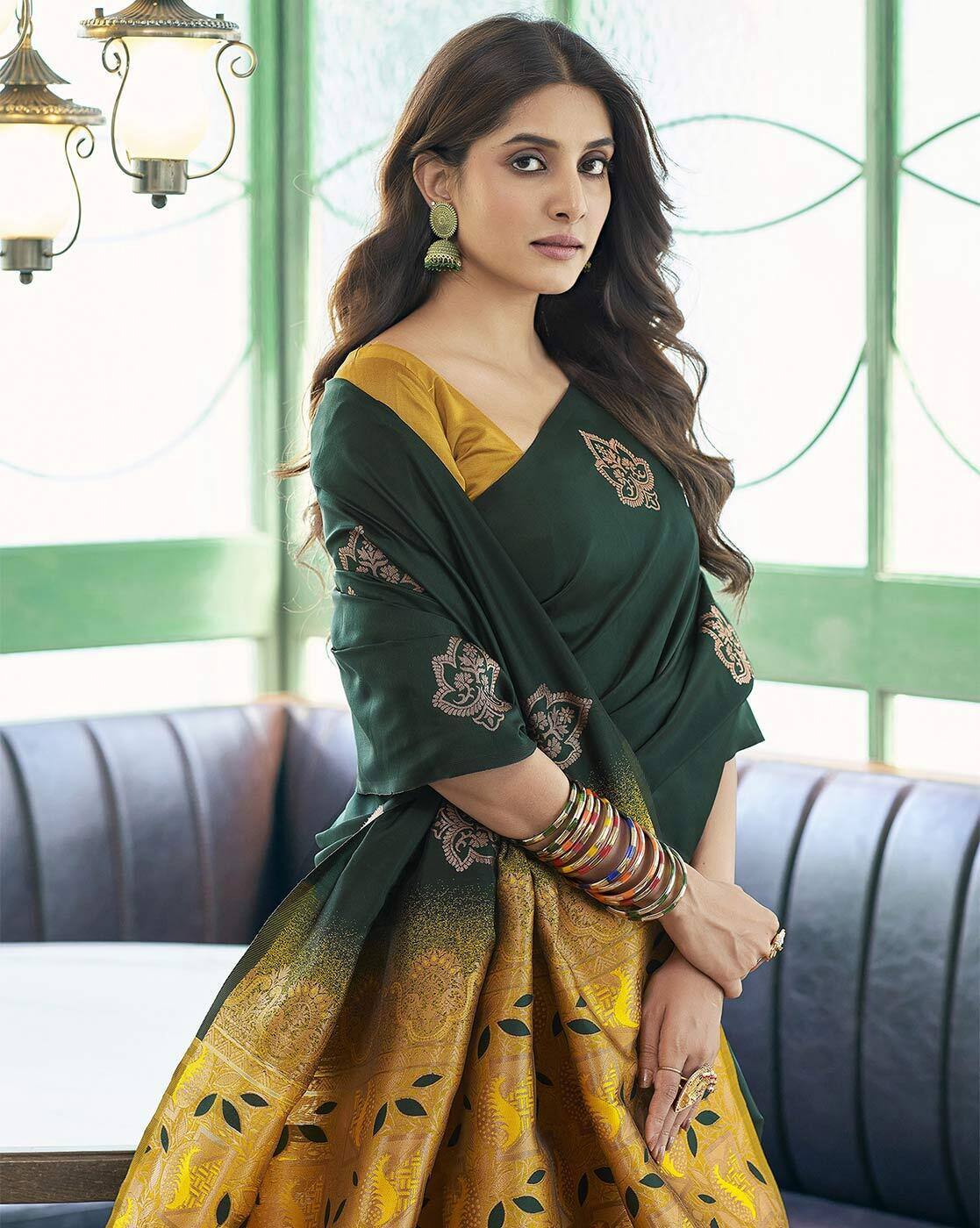 Trendy Banarasi Litchi Silk Saree for Women | Jacquard Gold Zari Woven Traditional Indian Saree with Running Blouse | Wedding, Party & Festive Wear