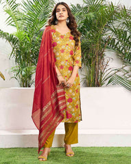 SKYLEE Women Floral Print Straight Kurta Set with Dupatta | Stylish Cotton Blend Indian Ethnic Wear for Women Malaysia | Kurti with Pants & Chanderi Dupatta