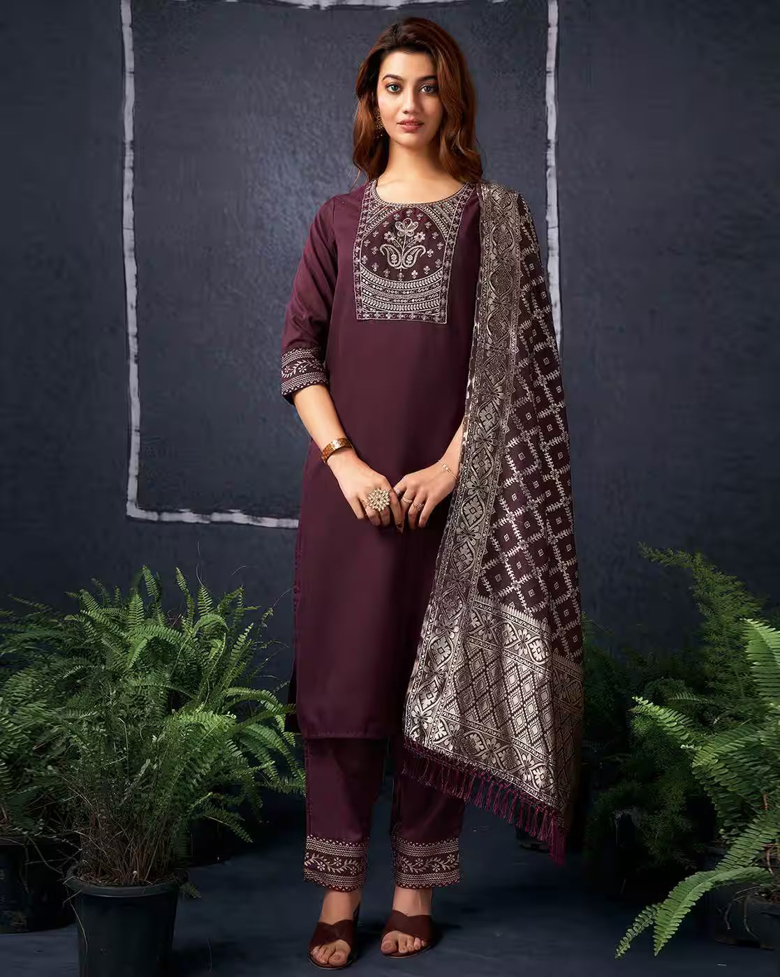 SKYLEE Women’s Embellished & Embroidery Kurta Set with Organza Dupatta | Cotton Blend Straight Kurta Pant Set | Elegant Ethnic Wear for Casual & Festive Outfits Malaysia