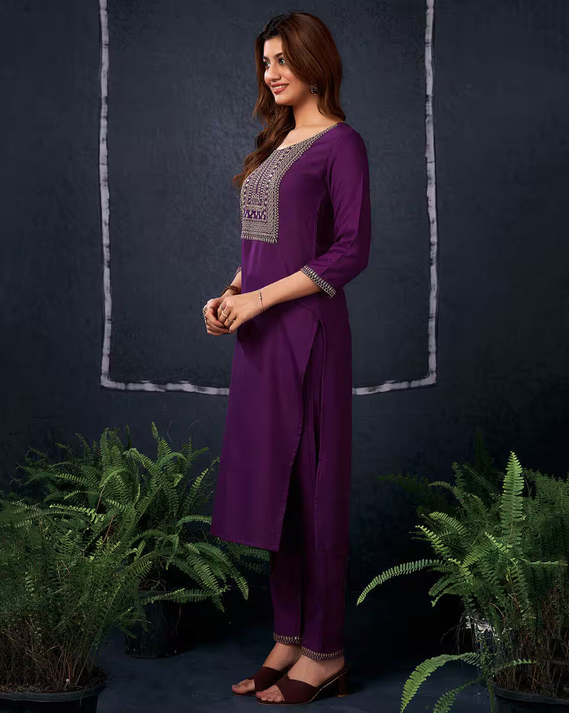 SKYLEE Women Cotton Blend Woven Straight Kurta Set with Organza Dupatta | Ethnic Wear Kurti Pant Set for Women Malaysia | Indian Pakistani Outfit | Casual & Festive Kurta Set