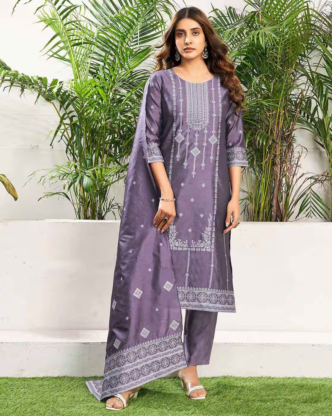 SKYLEE Women Silk Blend Woven Straight Kurta Set with Dupatta | Ethnic Wear Kurti Pant Set | Indian Pakistani Dress for Women | Festive & Party Wear Kurta Suit Malaysia