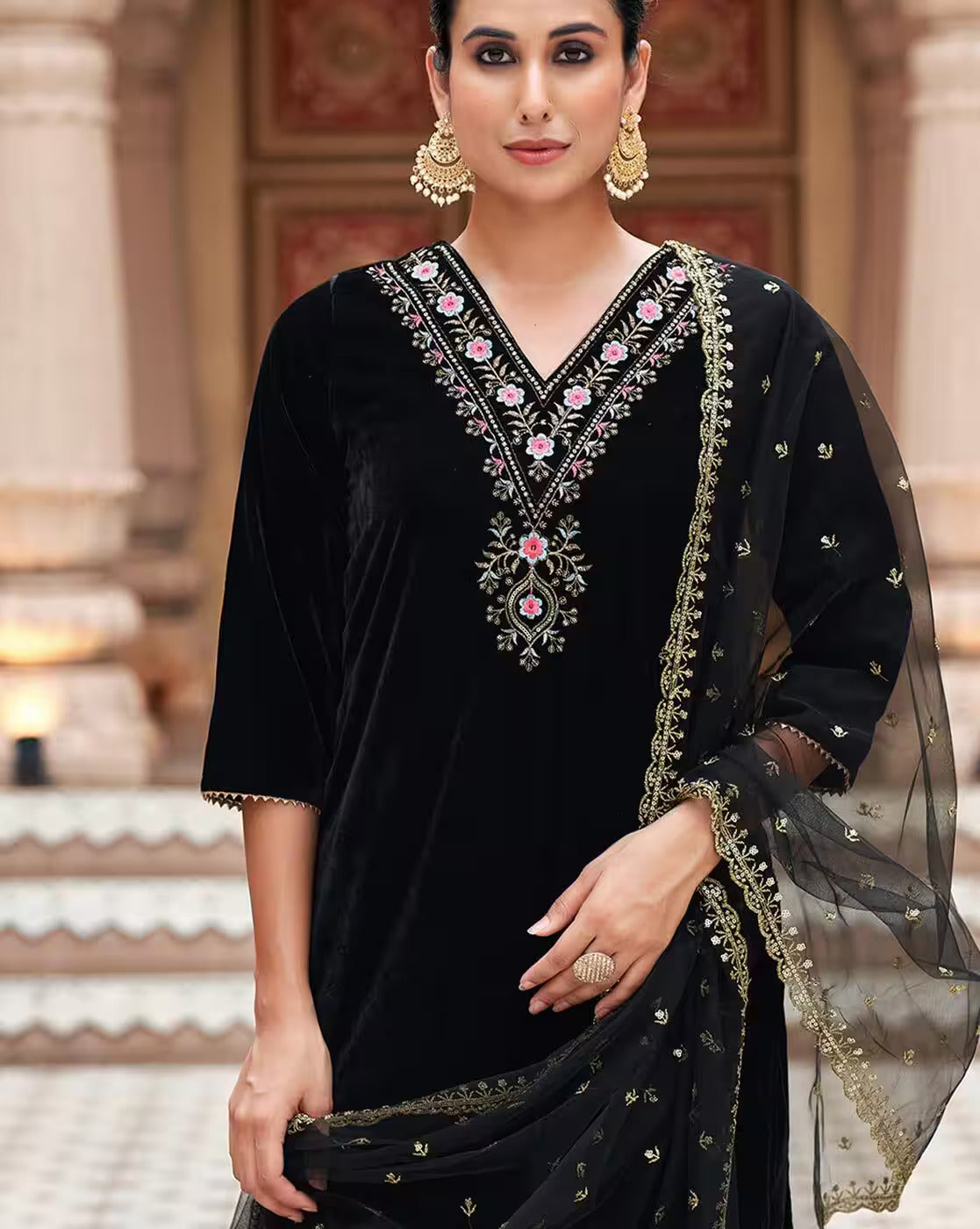 SKYLEE Women’s Velvet Sequins Embroidered Kurta Set with Dupatta | Premium Indian Ethnic Wear Malaysia | Party Wear Kurti Palazzo Set Online