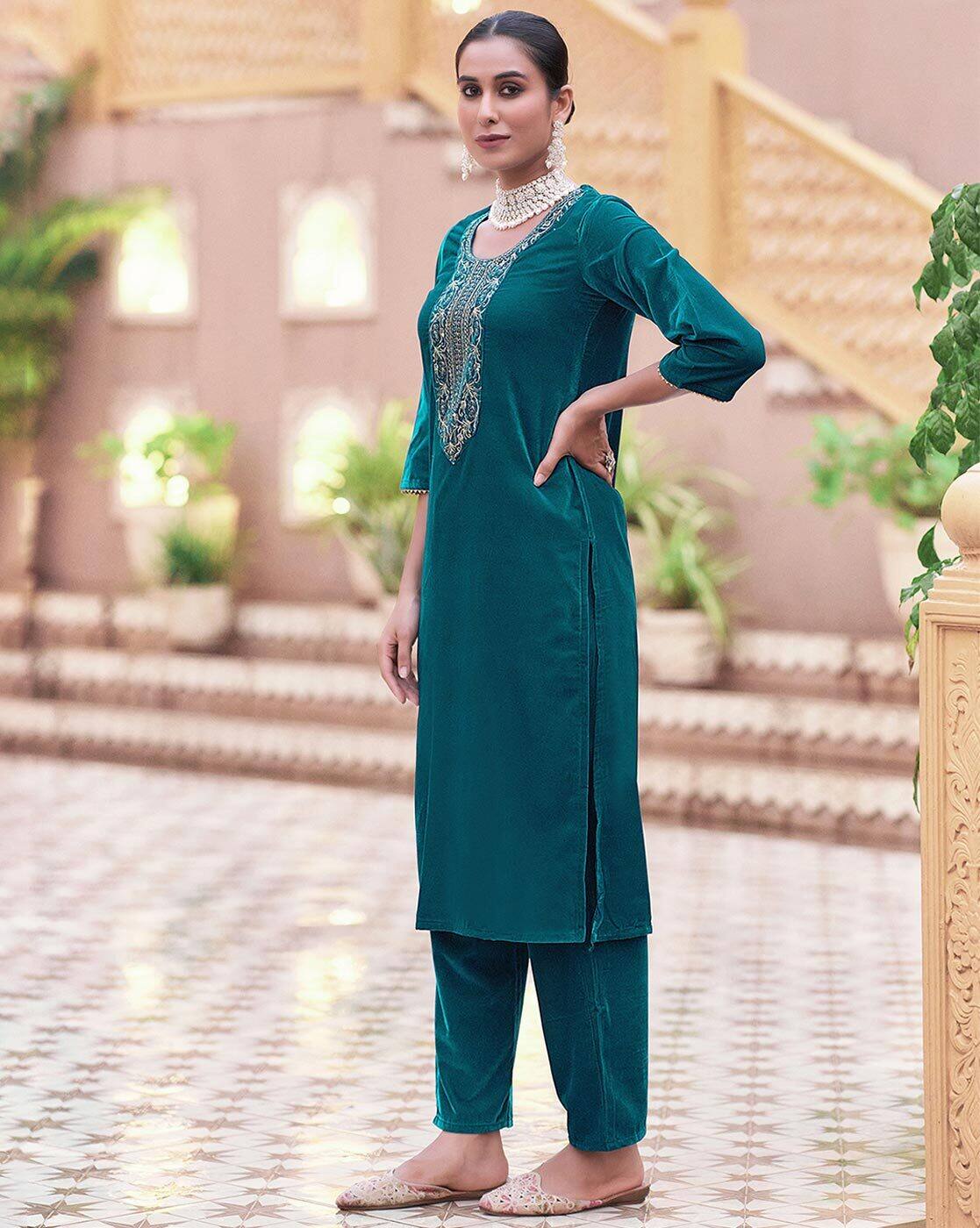 SKYLEE Women Velvet Sequins Embroidered Kurta Set with Dupatta | Party Wear Indian Pakistani Ethnic Dress | Festive Outfit Malaysia