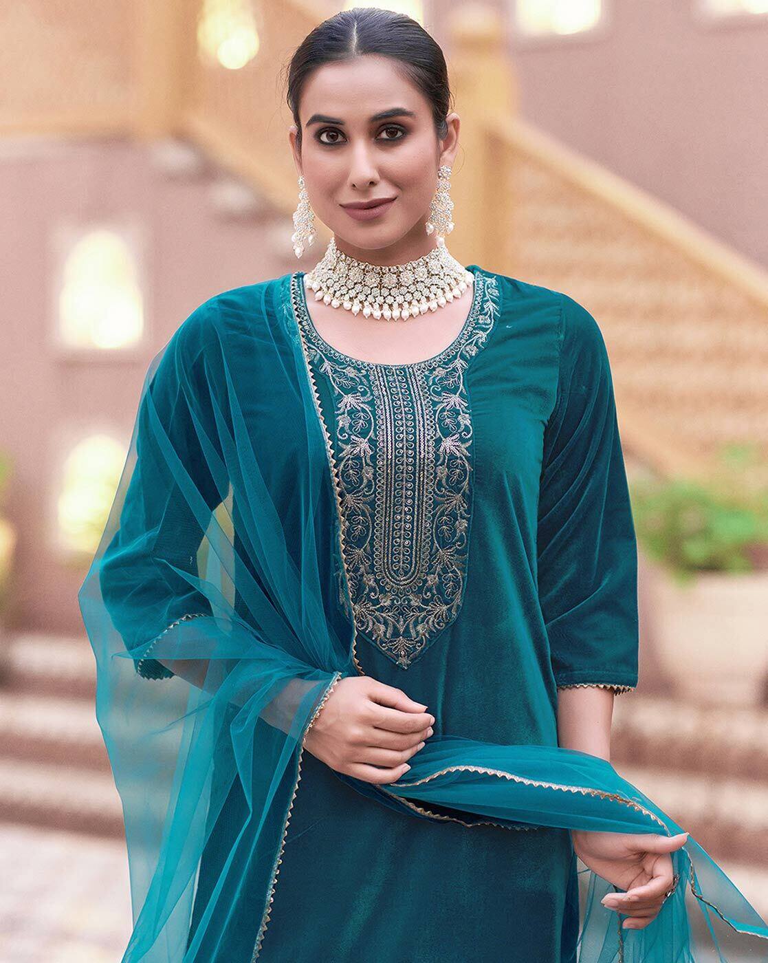 SKYLEE Women Velvet Sequins Embroidered Kurta Set with Dupatta | Party Wear Indian Pakistani Ethnic Dress | Festive Outfit Malaysia