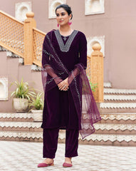 SKYLEE Women’s Velvet Sequins Embroidered Straight Kurta Set with Dupatta | Party Wear Pakistani Indian Dress | Ethnic Wear for Women Malaysia