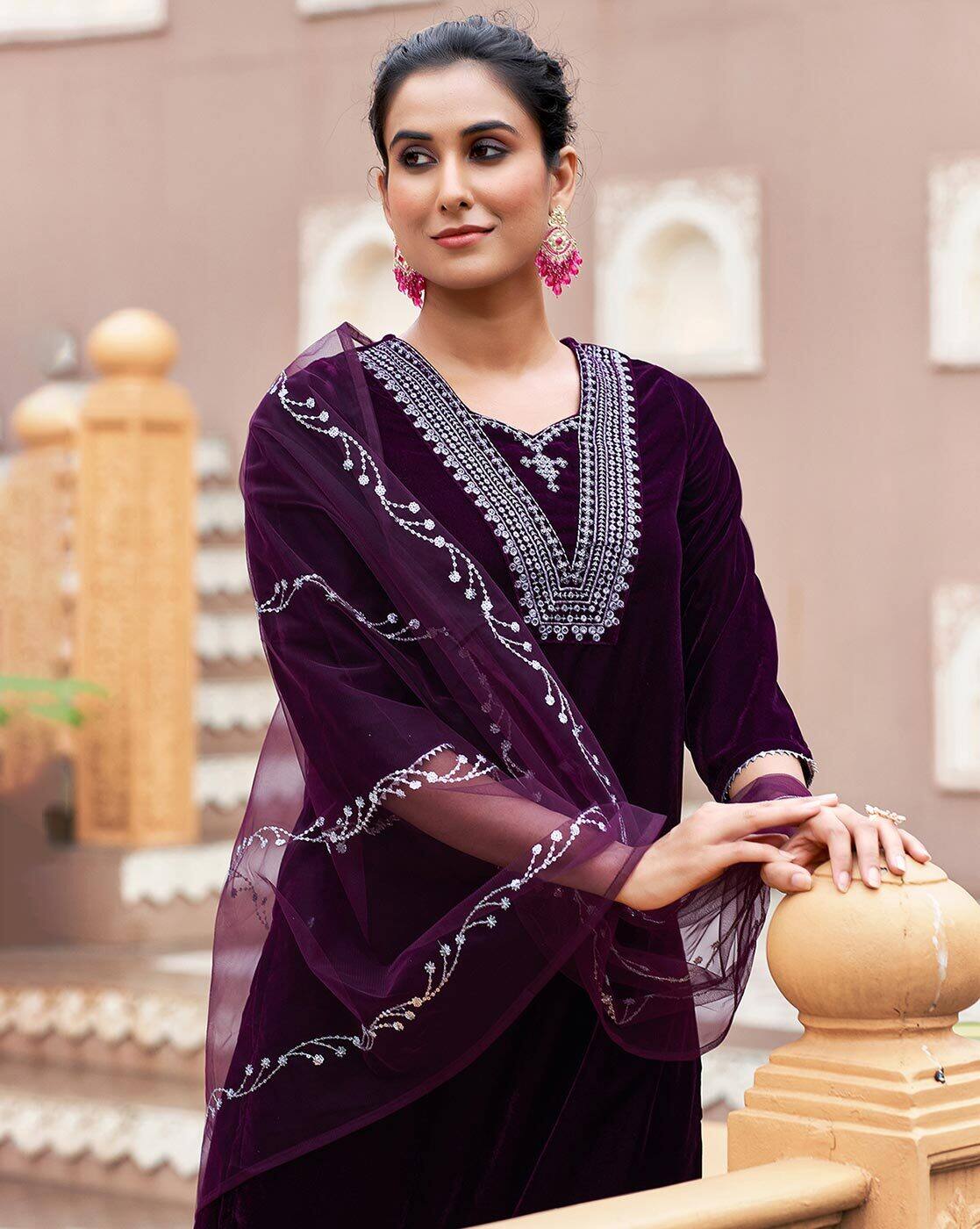SKYLEE Women’s Velvet Sequins Embroidered Straight Kurta Set with Dupatta | Party Wear Pakistani Indian Dress | Ethnic Wear for Women Malaysia