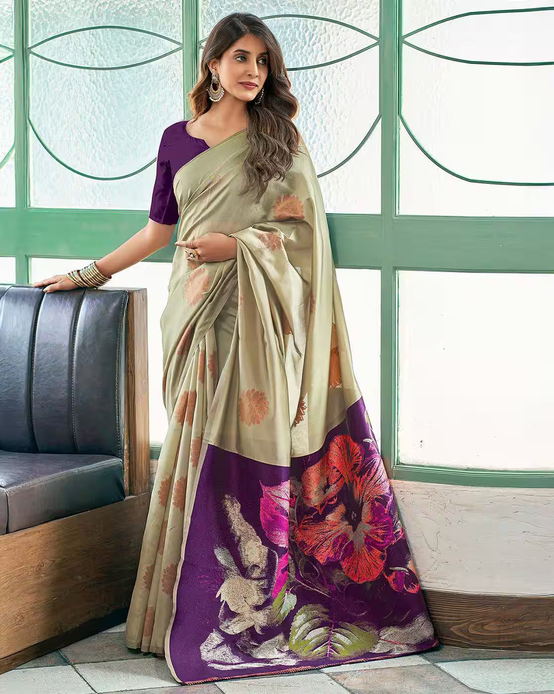 MORLY Women Kanjivaram Silk Saree with Contrast Border | Traditional Indian Saree | Wedding & Party Wear | Premium Silk Saree Malaysia Online