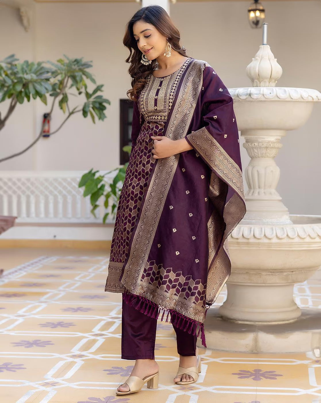 SHAILY Women Ethnic Motif Woven Silk Blend Kurta Set with Pants & Dupatta | Traditional Indian Outfit for Women | Stylish Ethnic Wear Malaysia Online