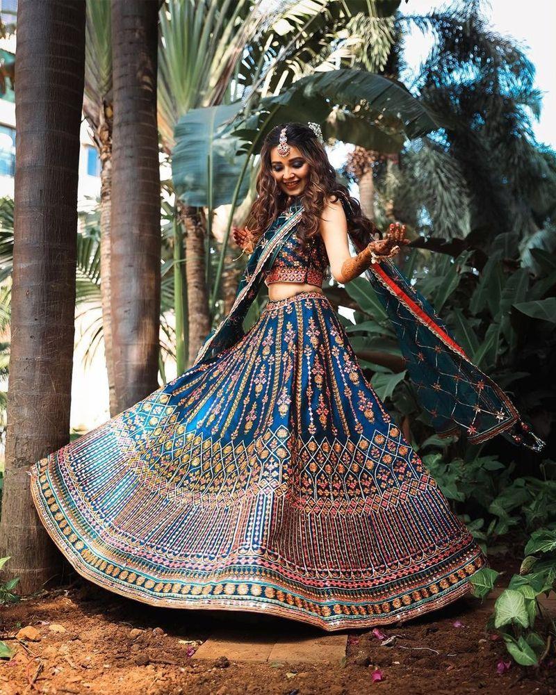Blue Chinon Silk zari sequins designer lehenga choli