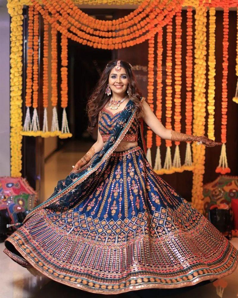 Blue Chinon Silk zari sequins designer lehenga choli