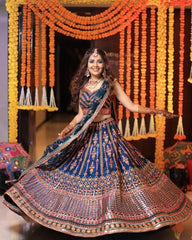 Blue Chinon Silk zari sequins designer lehenga choli