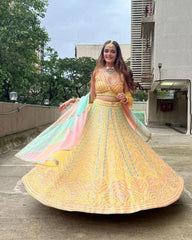 Yellow dola silk multi thread sequins designer Lehenga choli