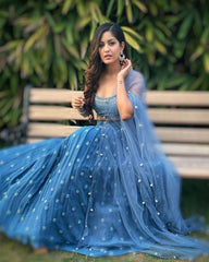 Dark sky blue faux georgette wedding Lehenga choli