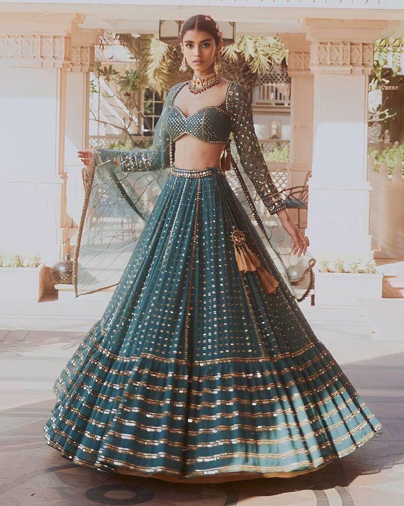 Bottle Green faux georgette sequins embroidery lehenga choli