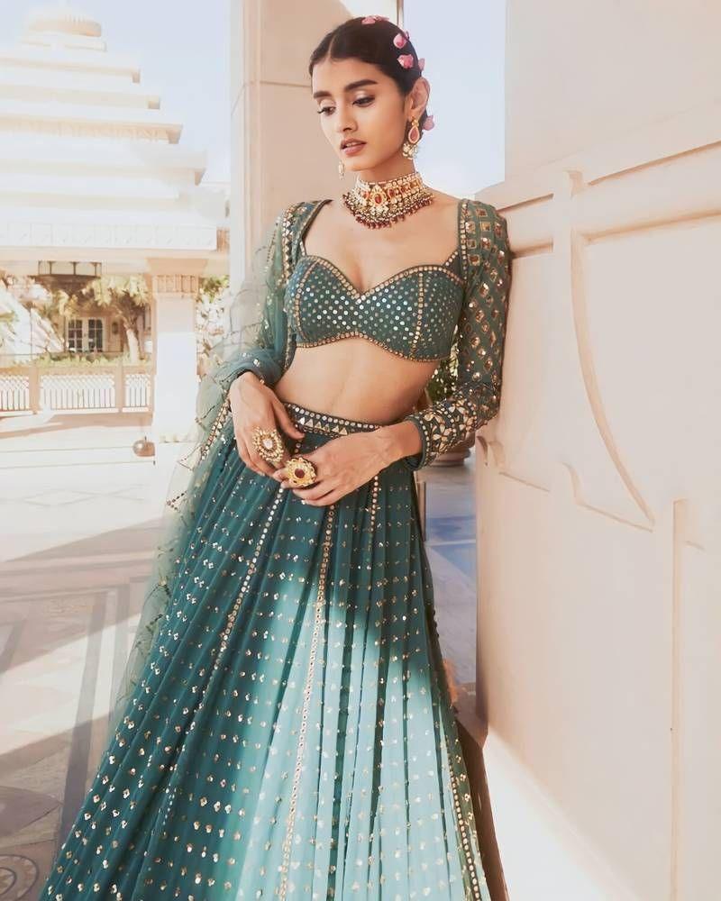 Bottle Green faux georgette sequins embroidery lehenga choli