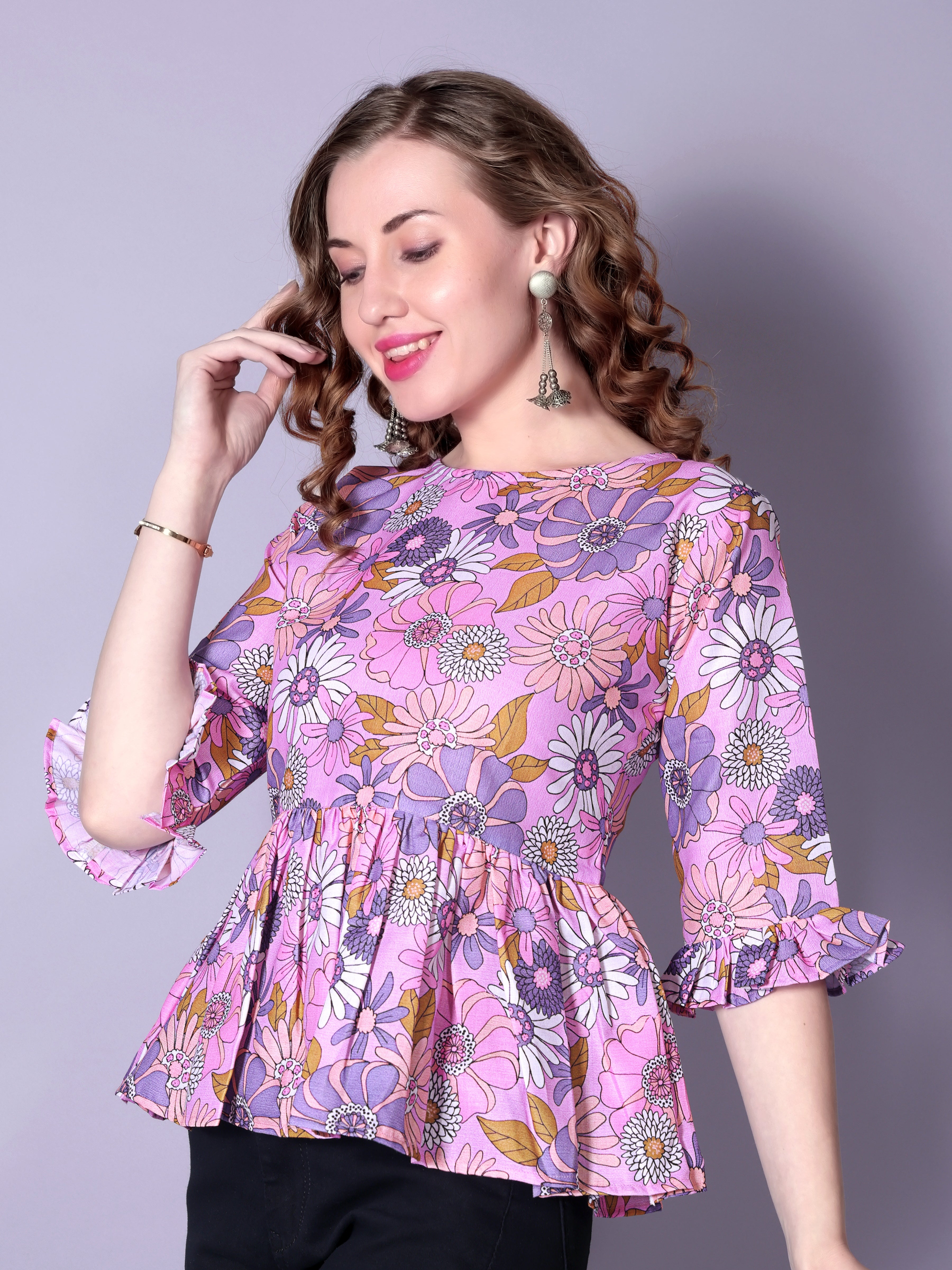 Pink Printed Bell-Sleeve Tunic for Women – Stylish Cotton 3/4 Sleeve Top | Trendy Casual & Office Wear Malaysia 2025