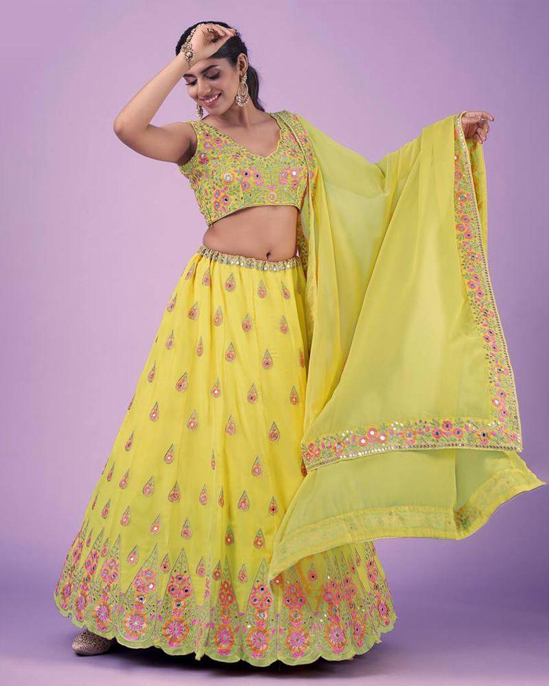 Yellow color faux georgette mirror embroidery lehenga choli