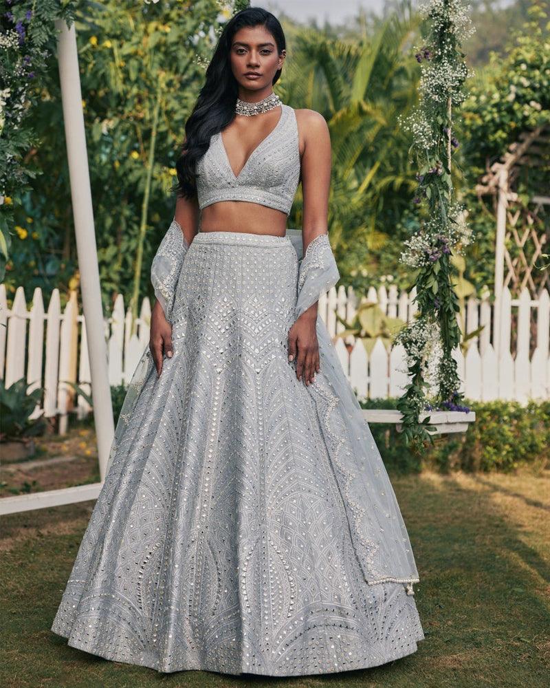 Grey banglori silk embroidery wedding lehenga choli