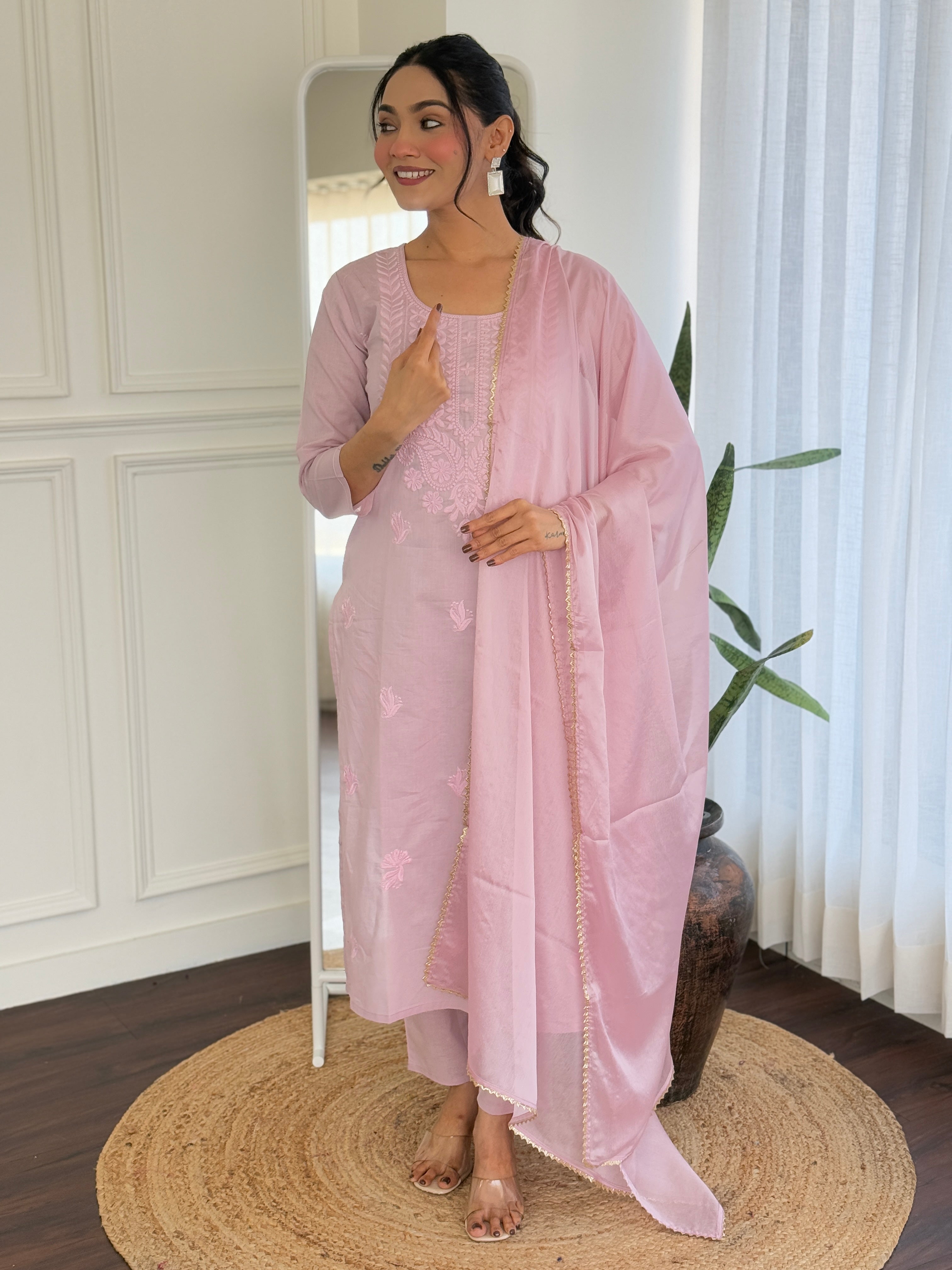 PINK  COLOURED  WOMEN'S PURE COTTON  KURTA  WITH PANT DUPATTA  SET