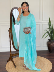 SKY COLOURED  WOMEN'S PURE COTTON  KURTA  WITH PANT DUPATTA  SET