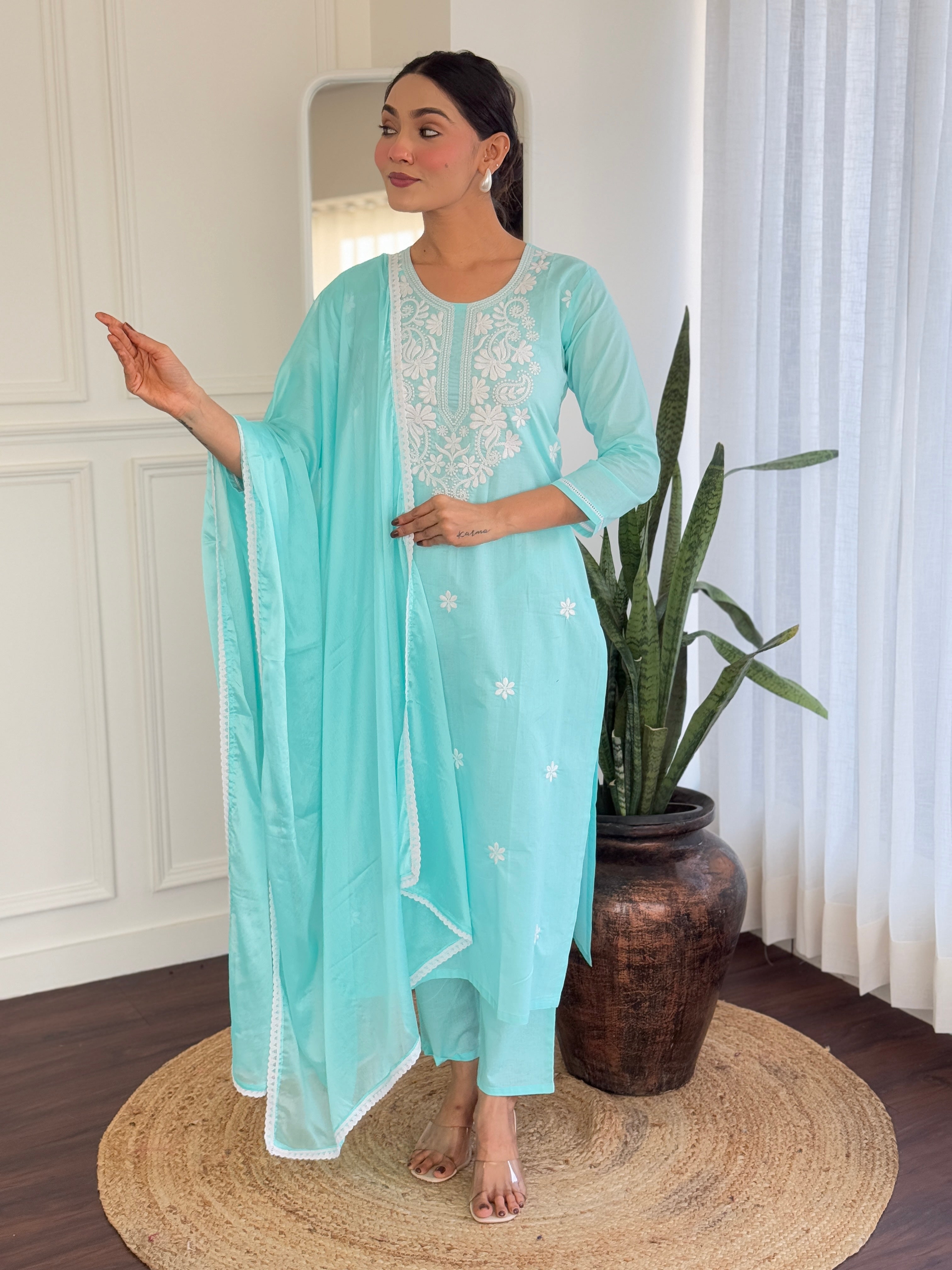 SKY COLOURED  WOMEN'S PURE COTTON  KURTA  WITH PANT DUPATTA  SET