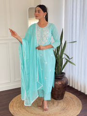 SKY COLOURED  WOMEN'S PURE COTTON  KURTA  WITH PANT DUPATTA  SET
