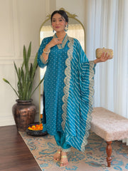 BLUE COLOURED  WOMEN'S  REYON  EMBROIDERED  KURTA WITH PANT DUPATTA SET