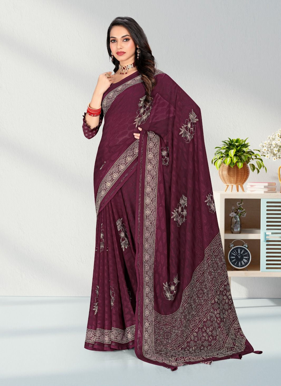 Satin border Jacquard Butta Georgette saree with blouse for women