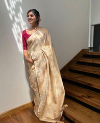 Elegant Banarasi Silk Saree with Self-Zari Vertical Lines