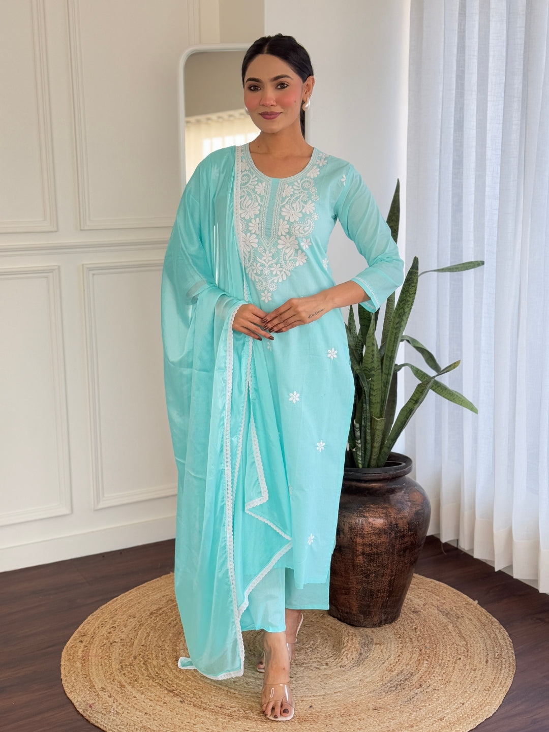 SKY COLOURED  WOMEN'S PURE COTTON  KURTA  WITH PANT DUPATTA  SET