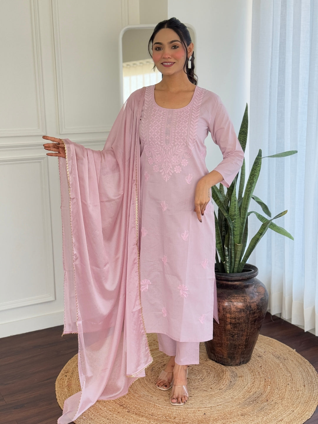 PINK  COLOURED  WOMEN'S PURE COTTON  KURTA  WITH PANT DUPATTA  SET