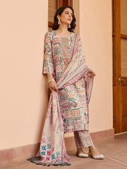 WHITE COLOURED  WOMEN'S COTTON EMBROIDERED  KURTA WITH PANT DUPATTA  SET