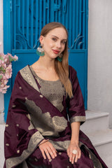 Noor Wine Soft Silk Kurta Set with Bottom & Jacquard Dupatta | Elegant Festive & Party Wear – Malaysia