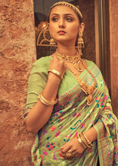 Kashmiri Weaving Multiple color thread weaving pure zari weaving Pista coloured saree