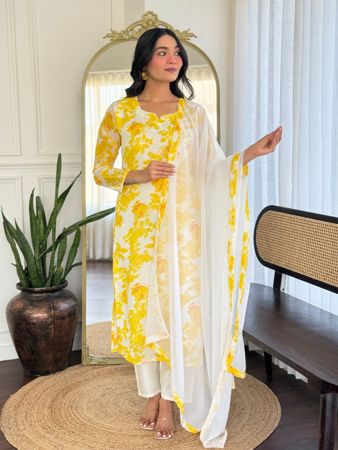 YELLOW  COLOURED  WOMEN'S GEORGETTE  KURTA  WITH PANT DUPATTA  SET