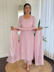 PINK  COLOURED  WOMEN'S PURE COTTON  KURTA  WITH PANT DUPATTA  SET