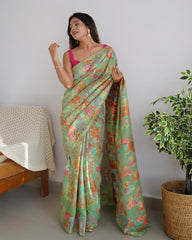 Kashmiri Weaving Multiple color thread weaving pure zari weaving Pista coloured saree