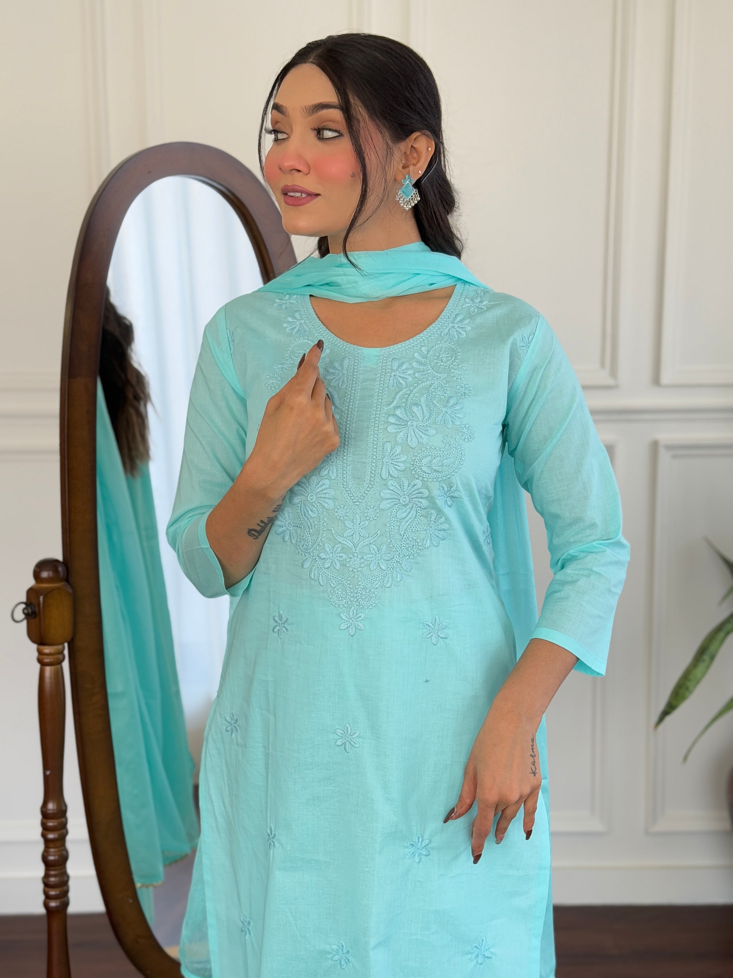 SKY COLOURED  WOMEN'S PURE COTTON  KURTA  WITH PANT DUPATTA  SET