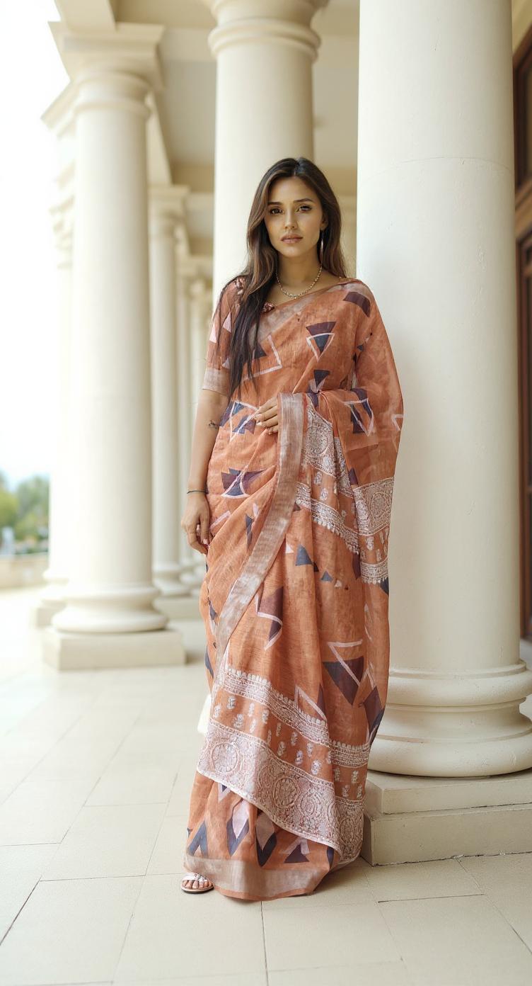 ORANGE  DIGITAL PRINTED COTTON SAREE