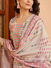 WHITE COLOURED  WOMEN'S COTTON EMBROIDERED  KURTA WITH PANT DUPATTA  SET