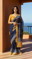 NEVY BLUE  DIGITAL PRINTED COTTON SAREE