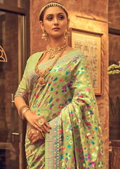 Kashmiri Weaving Multiple color thread weaving pure zari weaving Pista coloured saree